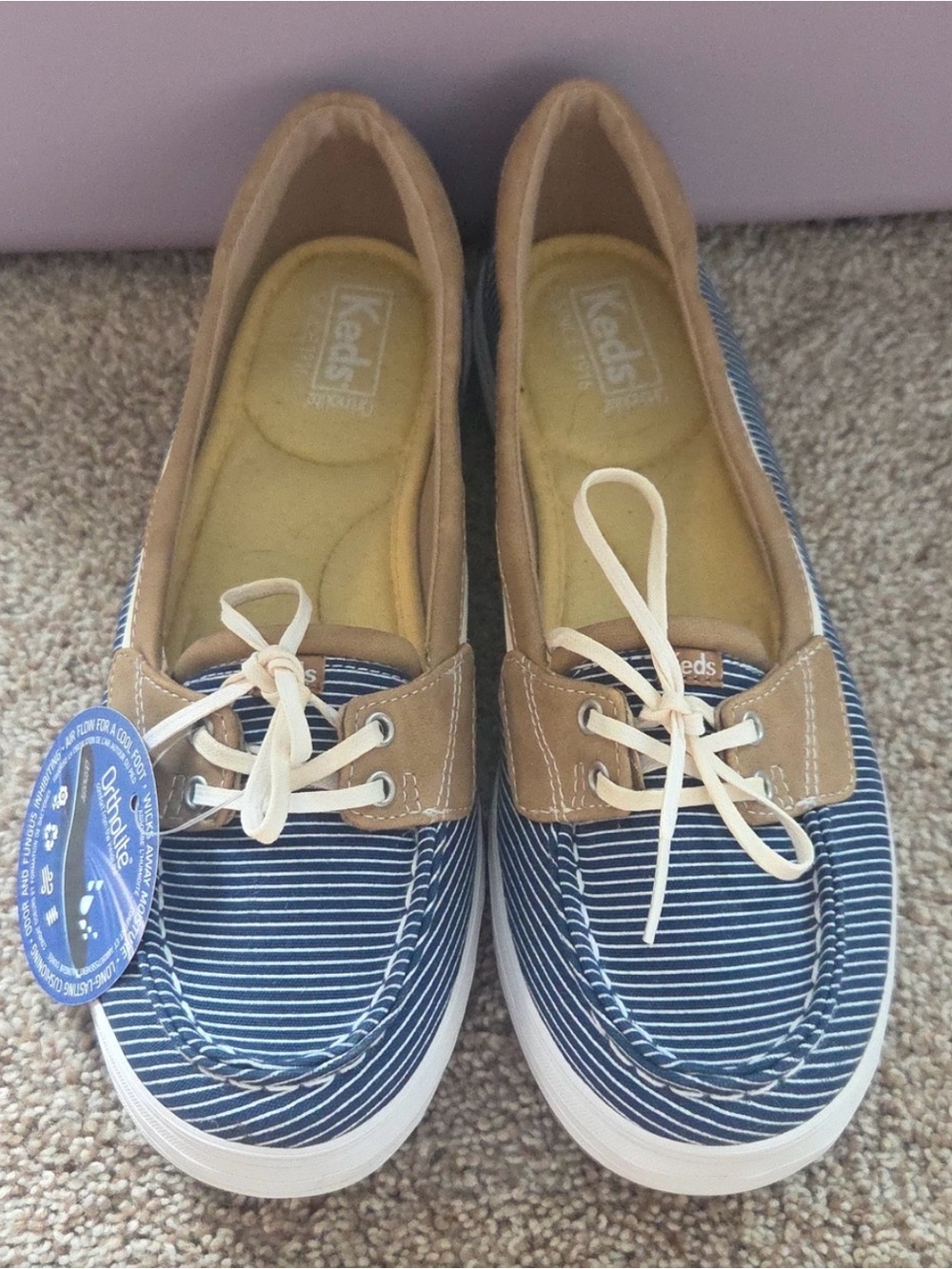 Keds Navy White Striped Canvas Boat Shoes with Tan Trim